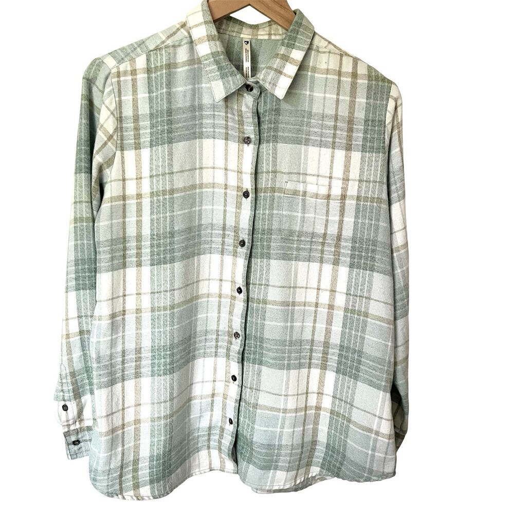 KUHL Kamila Flannel Plaid Button Up Shirt Soft Sage Gray Tan Womens Large 8377